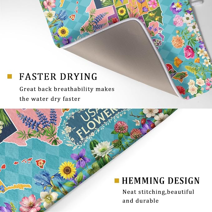 Flower Map Dish Drying Mat Colorful Floral Microfiber Large Dish Drying Pad for Kitchen Counter 18 X 24 In