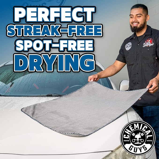 Chemical Guys, Waffle Weave Gray Matter Microfiber Drying Towel, 25 x 36 in | Waffle-weave towel with soft-banded edges soaks up sheeting water for a fast, scratch-free dry on paint and glass.