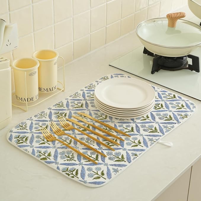 Blue Sage Green Block Print Dish Drying Mats 18x24 Inch Blue Green Vintage Spring Floral Drying Mats Summer Outdoor Decorations Absorbent Drying Dish Mats for Kitchen Dining Room Counter Decor