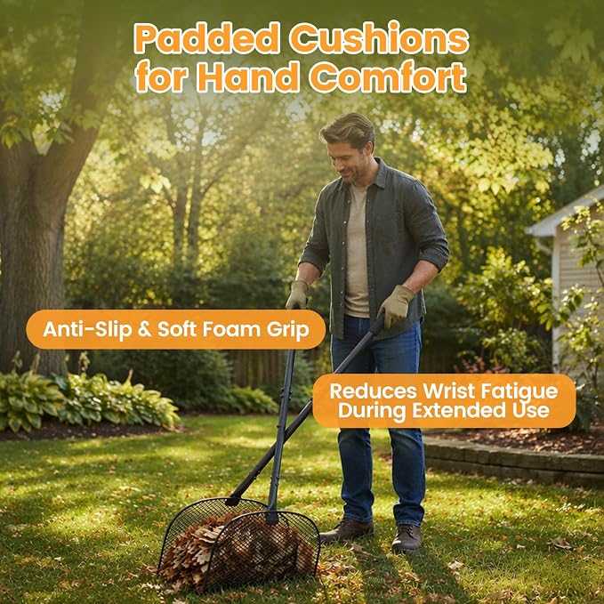 Leaf Grabber Rake with Long Handle, Heavy Duty Metal Leaf Picker Upper and Grass Collector, Upright Lawn Debris Pickup Tool with Upgraded Lock Nuts for Yard Cleanup, No Bending Over