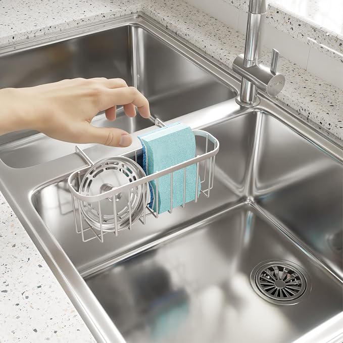 SWTYMIKI Sponge Holder for Kitchen Sink with Partition, Movable Kitchen Sink Caddy with Compact Size Rustproof and Waterproof Hanging Sponge Caddy for Double Bowl Sinks,Sand Nickel