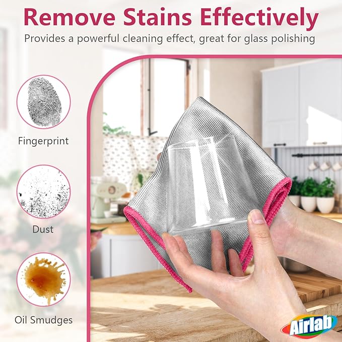 Airlab Glass Polishing Streak Free Miracle Cleaning Cloth, Sliver-Pink | Lint Free Microfiber Cleaning Rags for Glasses Kitchen Dish Mirrors Easy Clean, 12 x 12 Inches, Pack of 6