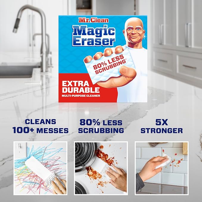 Mr. Clean Magic Eraser, All Purpose Cleaner, Cleaning Scrubber, Wall, Sneaker, Kitchen, Bathroom, Shower, Melamine Sponge, Pads, Extra Durable, 7ct