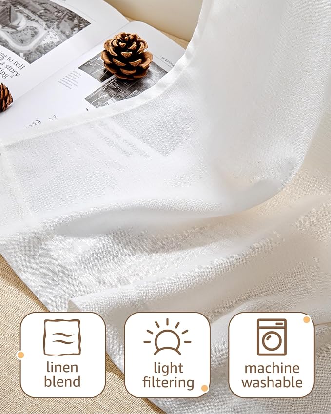 jinchan Modern Linen Rod Pocket Tier Curtains, 26x36, 2 Panels, White | Light filtering, cafe curtains, machine washable, farmhouse, kitchen, bathrooms, laundry, small window, over sink