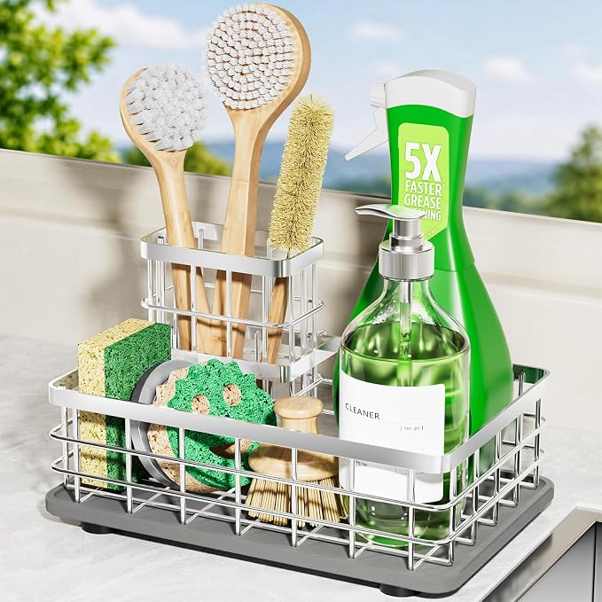 Extra Large Kitchen Sink Caddy Organizer, Stainless Steel Sponge Holder for Kitchen Sink with Brush Holder, Diatomite Stone Sink Tray for Soap Dispenser, Sponge, Bathroom Countertop Organizer, Silver