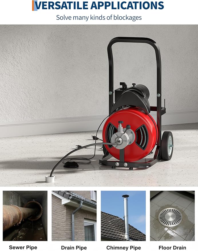 Garvee Drain Cleaner Machine Electric 370W 100FT 1/2 Inch Steel Core Cable | Durable steel cable , 370W motor, auto-feed, foot switch, portable with wheels — for pipes, drains, sinks, toilets