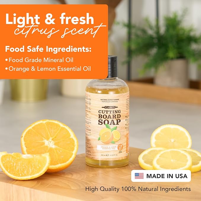 CLARK'S Cutting Board Organic Soap - Cleaner for Butcher Block, Countertop and Utensils - Enriched with Natural Orange & Lemon Extracts - Cleans and Restores Wood - Use Before Food Safe Mineral Oil