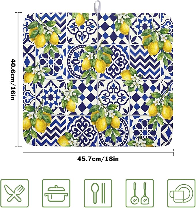 Lemon and Blue Tile Dish Drying Mat 16x18 Inch Absorbent Reversible Mexican Tilt Drying Mat Blue White Italy Lemons Dish Drying Rack Mat Summer Themed Dish Drainer Mat for Kitchen Counter Coffee Bar