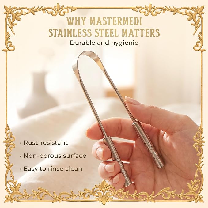 MasterMedi Tongue Cleaner Tongue Scraper Surgical Grade Stainless Steel Tongue Brush Dental Kit Professional Eliminate Bad Breath With Non-synthetic Grip (Family Pack (4 pcs)