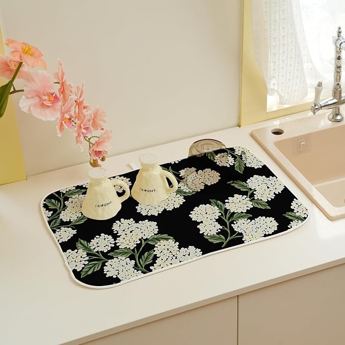 Spring Dish Drying Mat 18x24 Inches For Kitchen Counter Absorbent Black Beige Hydrangea Floral Kitchen Decoration Summer Flower Drying Mat Pad For Home Kitchen,Dining Room,Office Decor