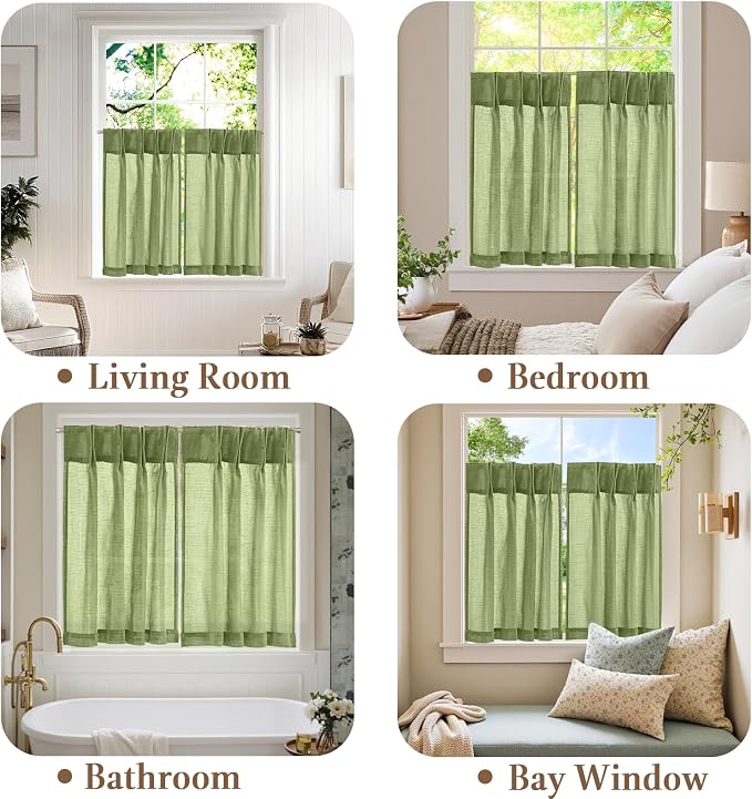 jinchan Linen Pinch Pleated Back Tab Tier Curtains, 26x36, 2 Panels, Green | Light filtering,small window treatment,cafe curtains,machine washable,farmhouse,kitchen,bathrooms,laundry