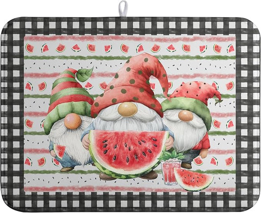 Summer Gnomes Dish Drying Mat Watermelon Buffalo Plaid Large Kitchen Dish Drying Pad Absorbent Drying Mat for Countertops Dish Dryer Mat Microfiber Dishes Drainer Pad Dish Drying Rack Mat 18x24 in