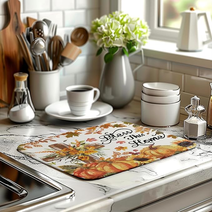 Fall Drying Mat for Kitchen Counter Autumn Thanksgiving Pumpkin Cross Dish Mat Sunflower Maple Leaf Absorbent Microfiber Dish Draining Mat Reusable Dishes Pad Medium 16"x18"