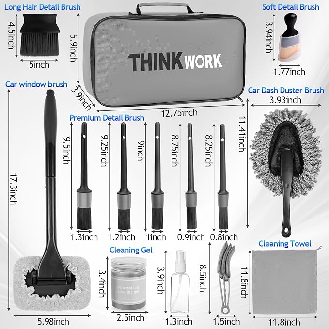 THINKWORK Windshield Cleaner Tool, Detailing Kit Interior with Brush Set | 180 Degree Rotating Head, Replaceable Microfiber Pads, Streak Free, Storage Bag, Gray Car Cleaning Accessories, Gift, 20Pcs