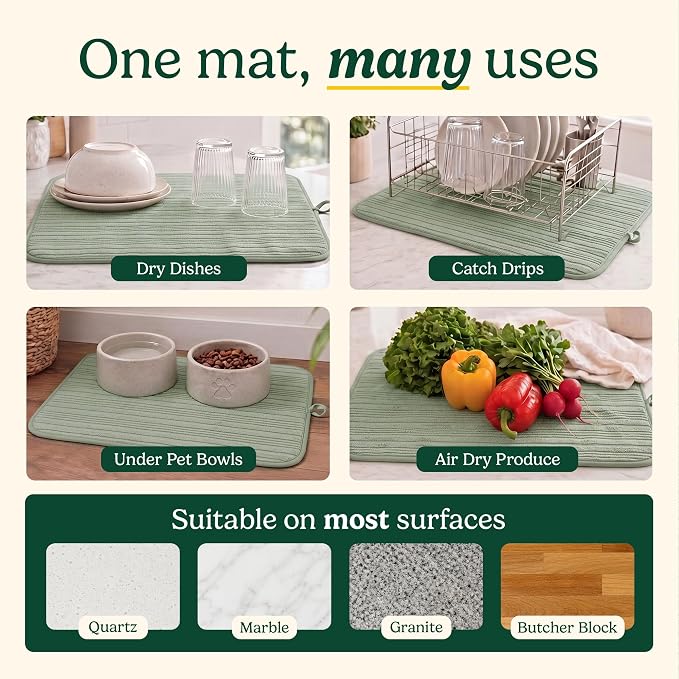 Cuisinart Dish Drying Mat for Kitchen Counter - 2-Pack XL 18x24 Ultra Absorbent Microfiber Dish Mat - Fast Drying, Machine Washable, Foldable Countertop Pad - Safe for Granite & Quartz