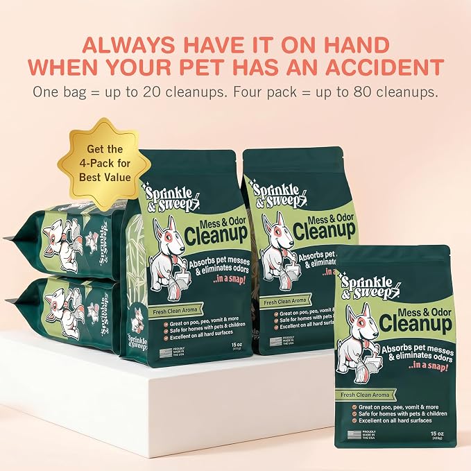 Sprinkle & Sweep: Pet Mess & Odor Cleanup - 4 Pack, 15oz Bags - Dog Accident Clumping Powder, Remove Pee-Poo-Vomit From Hard Surfaces, Ultra-Absorbent