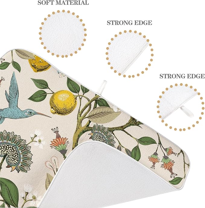 Boho Dish Drying Mat 18x24 Inch Vintage Lemon Floral Blue Bird Drying Mat Chinoiserie Flower Spring Summer Seasonal Absorbent Dish Drying Pad Dish Rack Drainer Mats for Kitchen Dining Counter