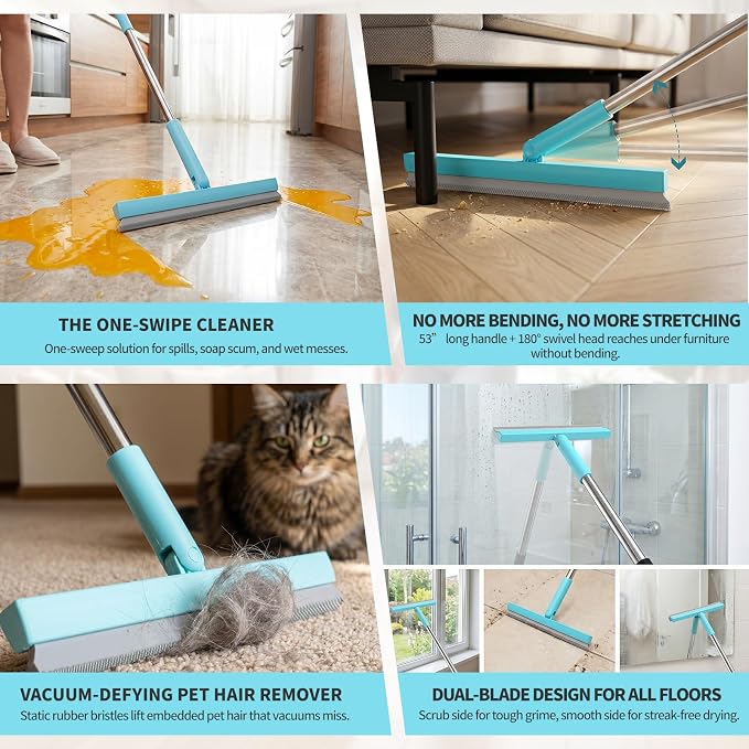 Broom with Dustpan Combo Set, Silicone Broom,Long Handle Broom with Upright Standing Dustpan, Squeegee - Broom for Indoor Cleaning 2+1,for Indoor Outdoor,Smooth Floors, Rugs