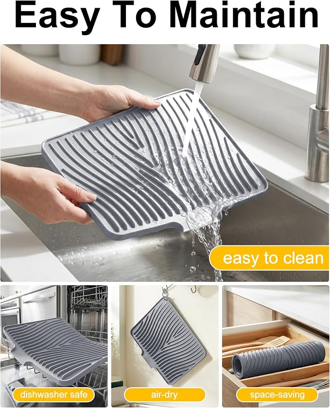 Silicone Dish Drying Mat, Stone Drying Mat for Kitchen Counter with Built-In Drain, Non-Slip Drain Pad with Built-in Drain, Heat Resistant Stone Drying Mat, 1Pcs 19.7" x 15", Grey