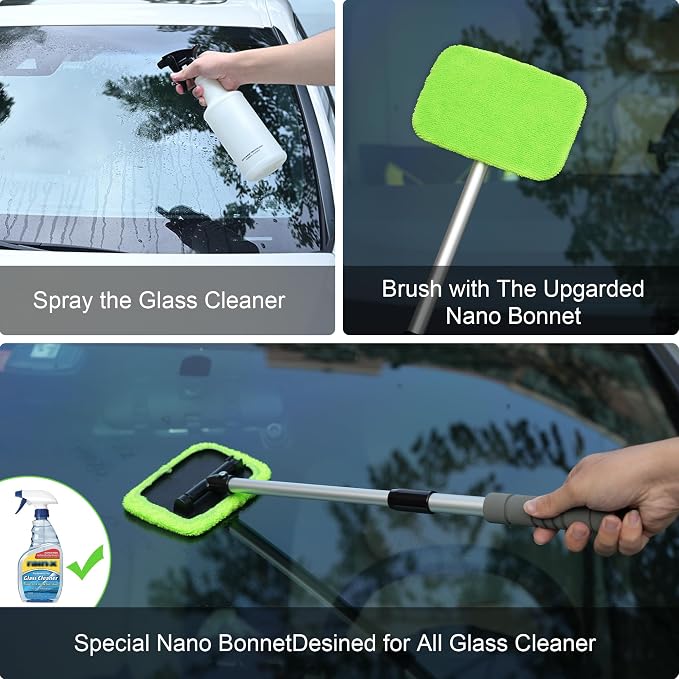 XINDELL Interior Windshield Cleaner Tool – Car Window Cleaning Tool 27inch Extendable Long Handle for Easy Cleaning, 9pcs Reusable Microfiber Pads, Streak-Free Interior & Exterior Auto Glass Cleaner