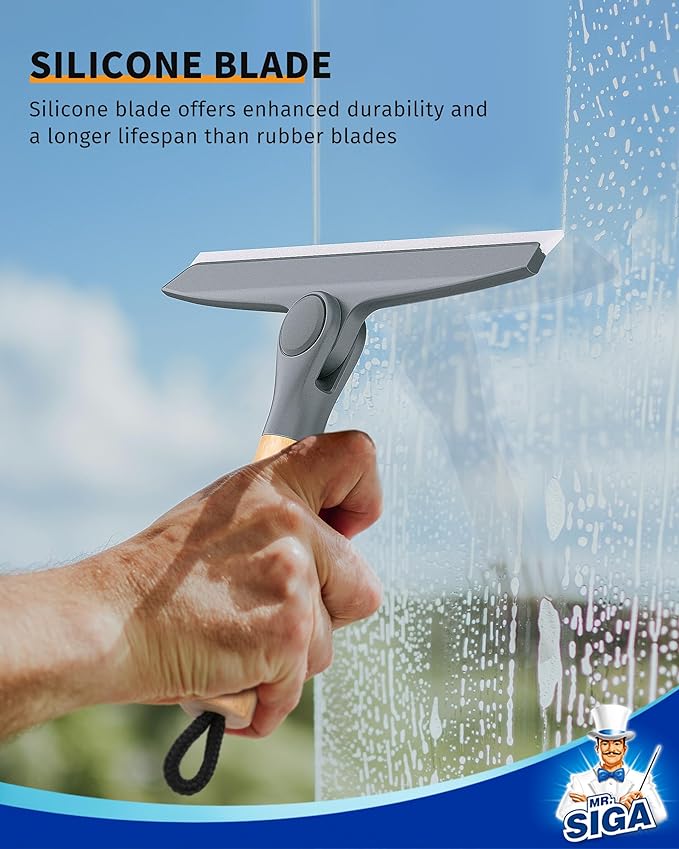 MR.SIGA Silicone Squeegee for Shower Door, Mirror, Glass, 10 inch, Gray | Streak free shower squeegee for windows, showers and glass surfaces, pivoting bamboo handle, includes 1 suction hook