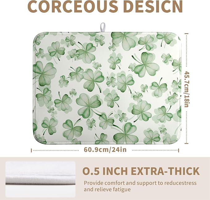 Green Clover Kitchen Drying Mat St Patrick's Day Lucky Shamrock Dish Drying Mats Spring Sage Green Dishes Dry Mat Microfiber Washable Large Dish Pad Super Absorbent Dish Drainer Rack Mat 18x24 Inch