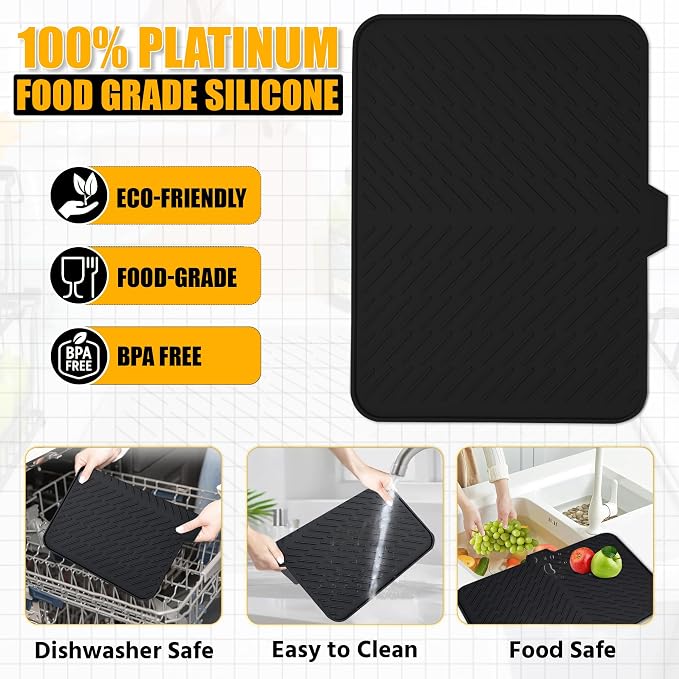 Luxet Silicone Dish Drying Mat with Built-in Drain Lip - Hygienic Drying Pad - Sturdy Compact Easy to Clean Tray Protects Surfaces Prevents Water Build Up - 23 X 17 (Black)