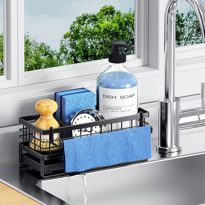 Kitchen Sink Sponge Holder, Rustproof Non-Slip Self-Draining Metal Sink Caddy with Detachable Dish Cloth Holder (Black)