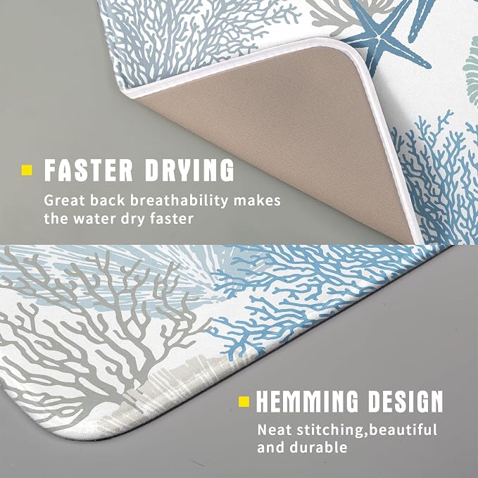 Nautical Dish Drying Mat for Kitchen Counter Coastal Seashell Starfish Summer Microfiber Absorbent Dish Draining Reusable Washable Foldable 16"x18"