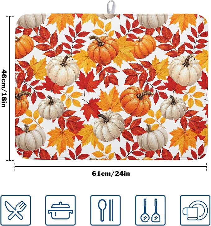 Fall Pumpkin Dish Drying Mat for Kitchen Counter 18x24 Inch Autumn Pumpkins Maple Leaves Drying Mats Thanksgiving Absorbent Reversible Dish Pad Fast Dry Drainer Mat Protector for Countertop Coffee Bar