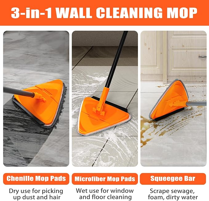 JEHONN Wall Mop with Long Handle 80 inches, Upgraded 180° Collapsible Baseboard Cleaner Tool with Squeegee, Ceiling Duster with 3 Microfiber and 3 Chenille Pads for Cleaning Window, Cabinet (Orange)