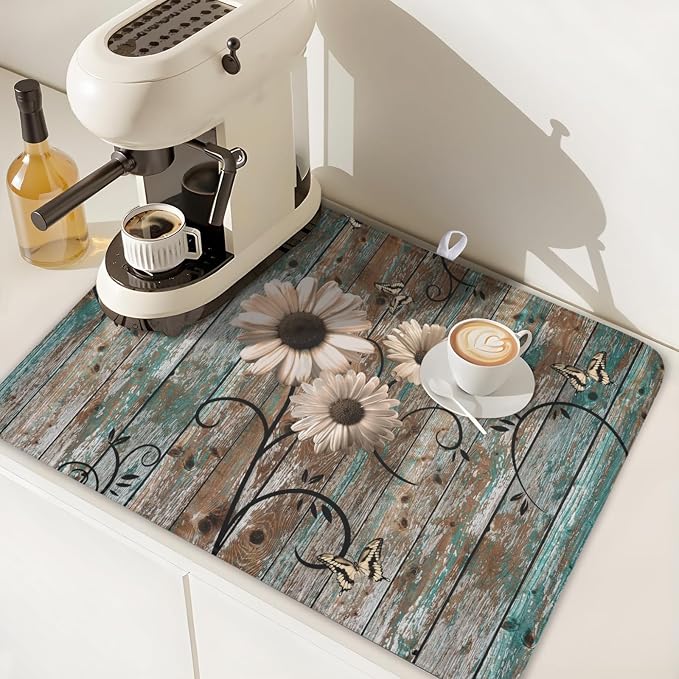 Vintage Daisy Floral Wooden Board Dish Drying Mat 18x24 Inch | Rustic，Polyester，Absorbent Microfiber，for Kitchen Coffee Dining Bar Decor