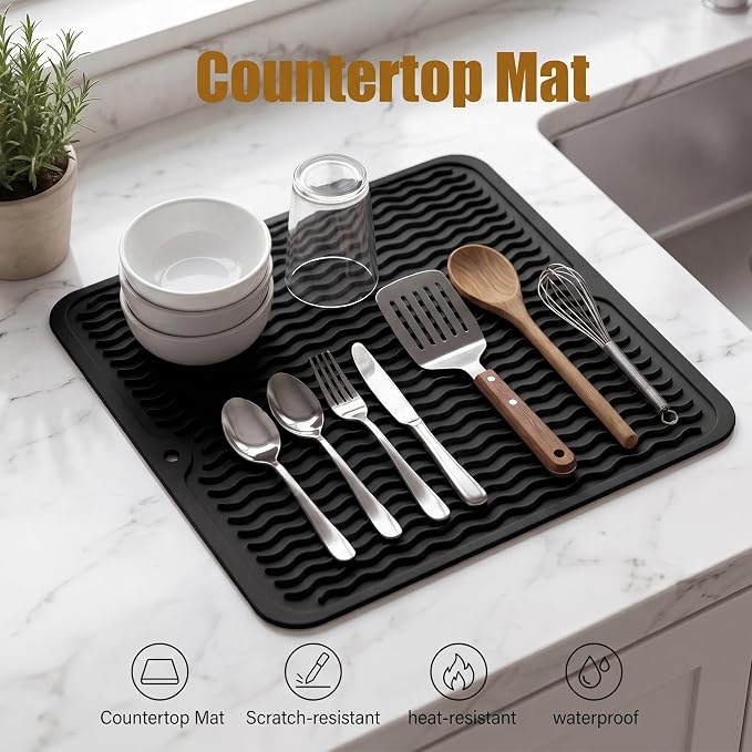MicoYang Silicone Dish Drying Mat for Multiple Usage,Easy clean,Eco-friendly,Heat-resistant Silicone Mat for Kitchen Counter or Sink,Refrigerator or Drawer liner Black M 12 inches x 12 inches