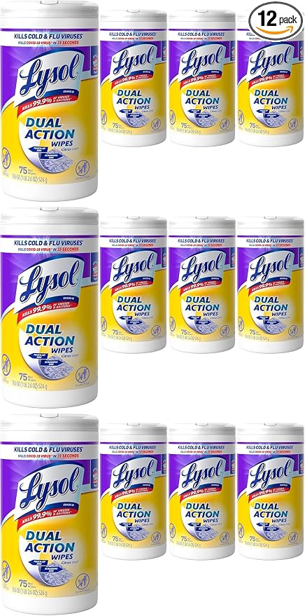 Lysol Dual Action Disinfectant Wipes, Multi-Surface Antibacterial Scrubbing Wipes, For Disinfecting and Cleaning, Citrus Scent, 75ct, Packaging May Vary (Pack of 12)