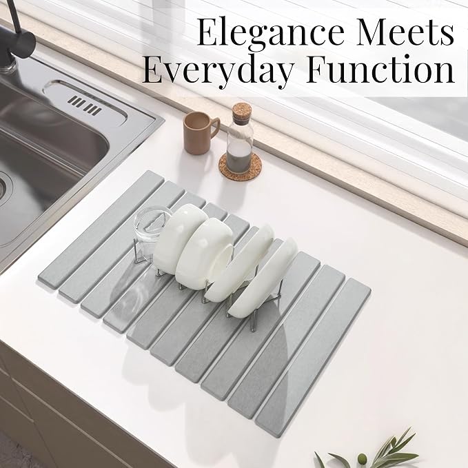 Diatomaceous Stone Dish Drying Mat with Collapsible Steel Rack - Quick Dry Kitchen Counter Set, Space Saving Foldable Dryer