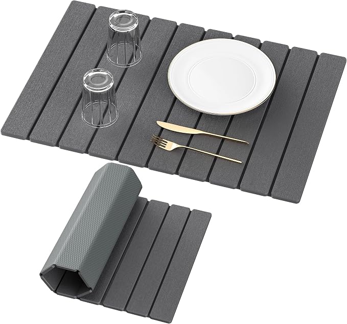 Yofidra Large Stone Dish Drying Mat for Kitchen Counter, Quick Dry Stone Mats with Absorbent Diatomaceous Earth, Foldable Roll Up Drying Organizer Pad for Utensils Plate, 24"×16", Dark Gray
