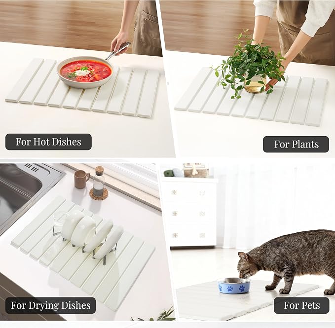 Diatomaceous Stone Dish Drying Mat with Collapsible Rack | Steel Rack, Quick Dry, Space Saving, Foldable Dryer, Kitchen Counter Set