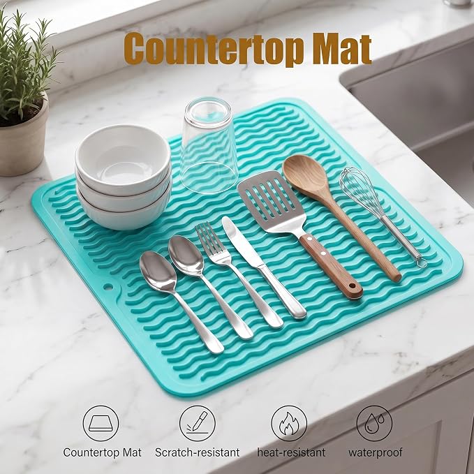 MicoYang Silicone Dish Drying Mat for Multiple Usage,Easy clean,Eco-friendly,Heat-resistant Silicone Mat for Kitchen Counter or Sink,Refrigerator or Drawer liner Mint M 12 inches x 12 inches
