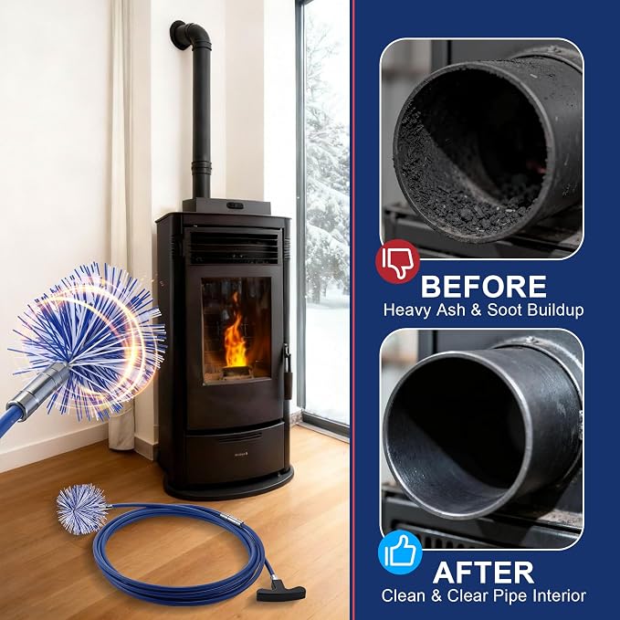 Dreyoo Pellet Stove Cleaning Brush Kit, 20 FT Flexible Steel Rod with 3" Brush Head, T Handle, Multi Purpose Flue Detail Cleaner, Nylon Stove Flue Pipe Kit for Pellet Furnace Exhaust Pipes