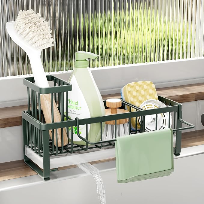 SWTYMIKI Sponge Holder for Kitchen Sink - Sink Caddy with Brush Holder Self-draining Sponge Caddy Organizer with Divider Stainless Steel Kitchen Accessories Storage for Countertop, Green
