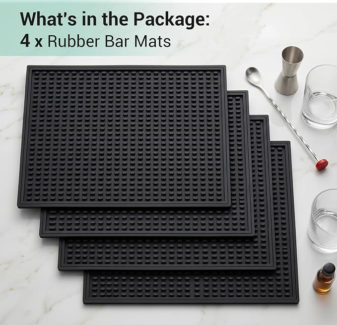Rubber Bar Mat for Counter, Black 4 Pack 12"x18" grip-friendly Coffee Bar Mat, Heat Resistant & Spill-proof Countertop Protector Mat for Kitchen, Home Bar, Coffee Station, Easy Clean Dish Drying Mat