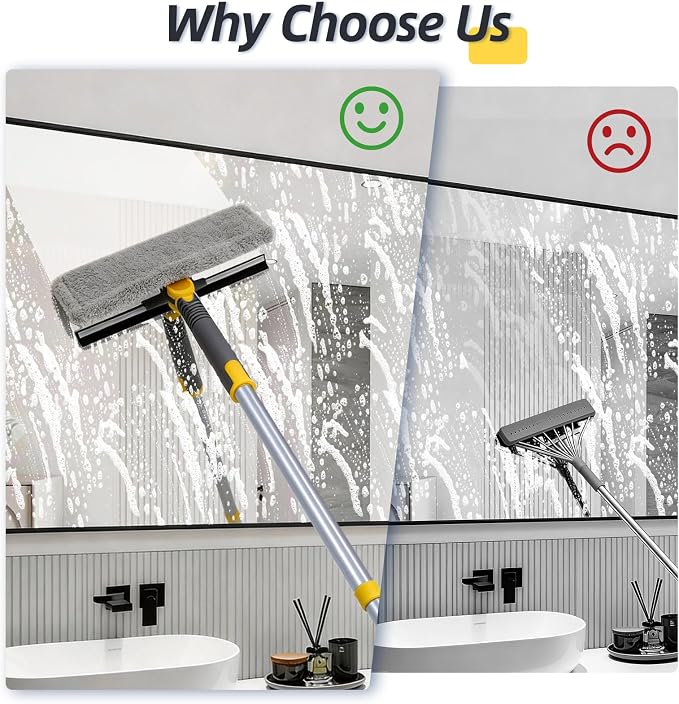 Masthome 77" Squeegee for Window Cleaning | 2-in-1 Window Cleaning Kit, 180° Lockable Rotating Head, Adjustable Pole for High Window