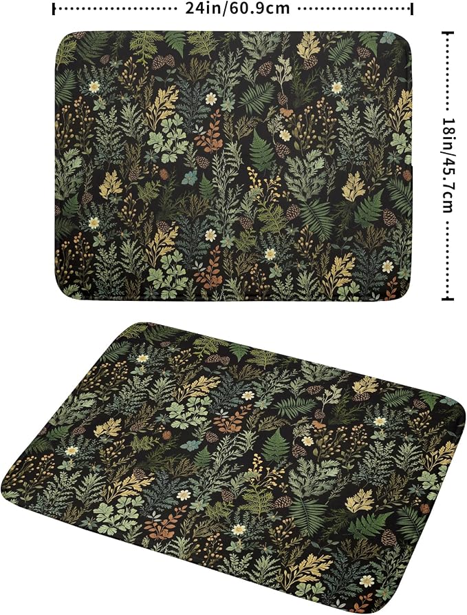 Black Green Botanical Dish Drying Mat for Kitchen Counter 18x24 Inch Super Absorbent Microfiber Kitchen Drying Mat Green Plant Fern Leaves Floral Dish Reusable Washable Dish Drying Pad for Coffee Bar