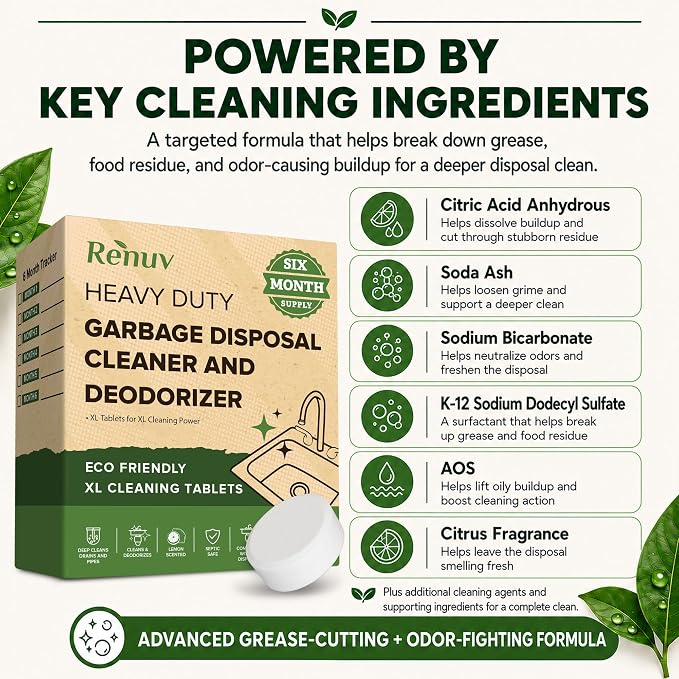 Renuv® Garbage Disposal Cleaner and Deodorizer Tablets, 6 XL Tablets | Foaming Citrus Scent, Drain Freshener, Kitchen Sink Odor Refresher For Garbage Disposer Cleaning