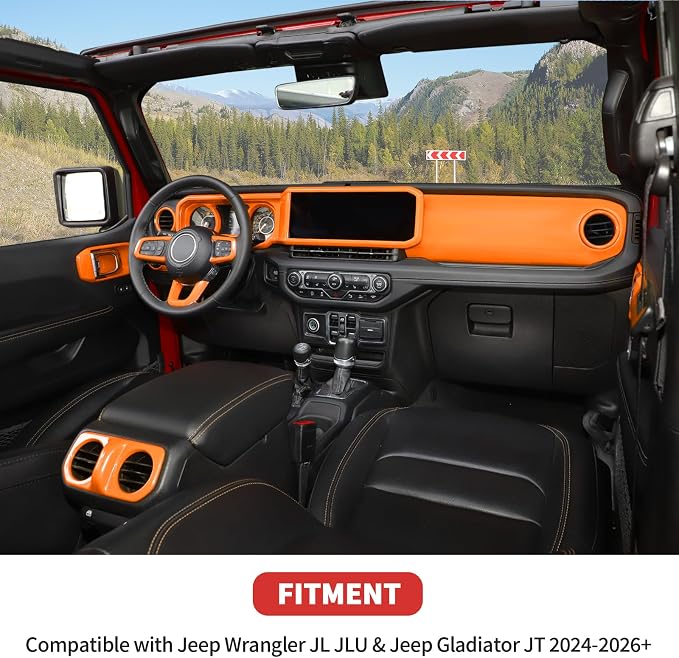 21PCS Full Set Interior Trim Kit for 2024-2026+ Jeep Wrangler JL JLU & Jeep Gladiator JT, Dashboard Side Outlet Door Handle Bowl Headlight Switch Roof Reading Light Cover (Orange)