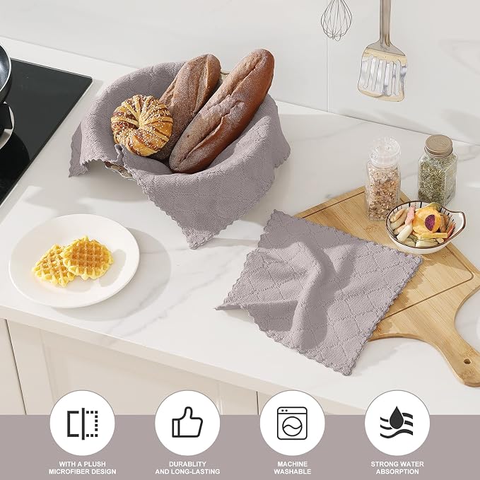 Homaxy Kitchen Towels and Dishcloths Set, 10 x 10 and 13 x 19 Inches, Set of 12 Super Soft and Absorbent Coral Velvet Kitchen Towels, No Lint and Nonstick Oil Fast Drying Dish Towel, Grey