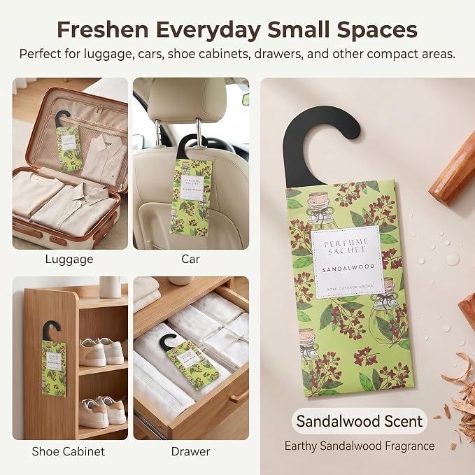 Large 12 Packs Sandalwood Hanging Scented Sachets Long-Lasting Closet Deodorizer Air Freshener Fabric Refresher Odor Eliminator for Drawer Home Fragrance Gift Set