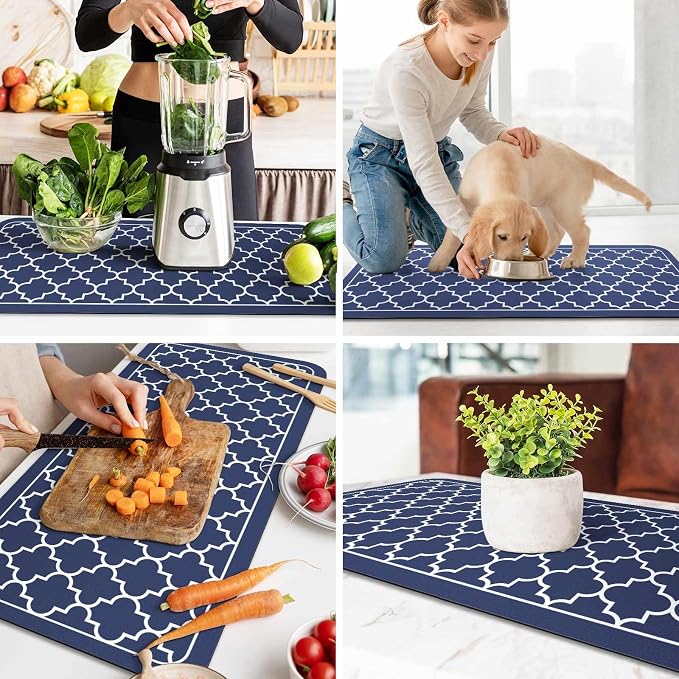WISELIFE Dish Drying Mat Super Absorbent Drying Mat Large Dish Drying Mats for Kitchen Counter Easy Clean Dish Mat Kitchen Drying Mat18"x 36" Stylish Blue