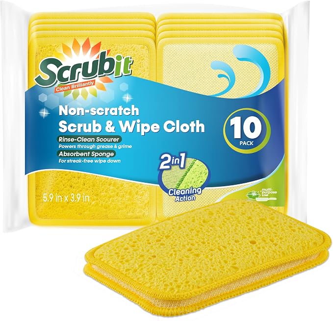 Scrub and Wipe Cleaning Pads [10 Pack] – SCRUBIT Dual Sided Scouring Pad and Sponge - Reusable Kitchen Scrubbing Sponges for Dishes, Pots, Pans Utensils & Non-Stick Cookware (Yellow)