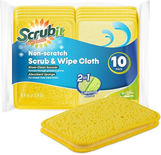 Scrub and Wipe Cleaning Pads [10 Pack] – SCRUBIT Dual Sided Scouring Pad and Sponge - Reusable Kitchen Scrubbing Sponges for Dishes, Pots, Pans Utensils & Non-Stick Cookware (Yellow)